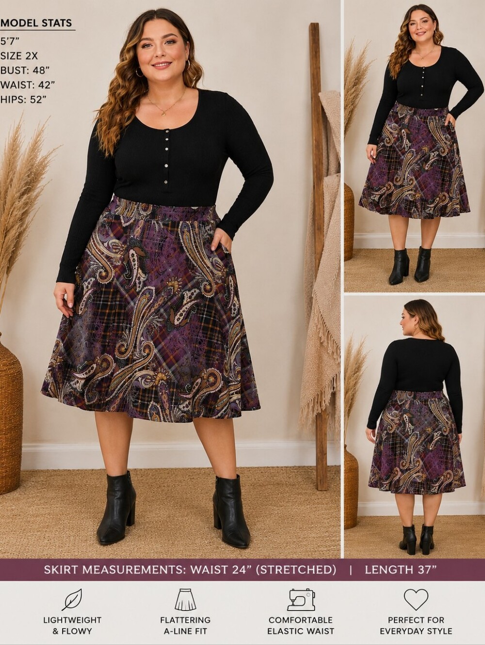 ANTHONY 2X Purple Paisley Plaid Print Flowy Midi Skirt Plus Size 24x37